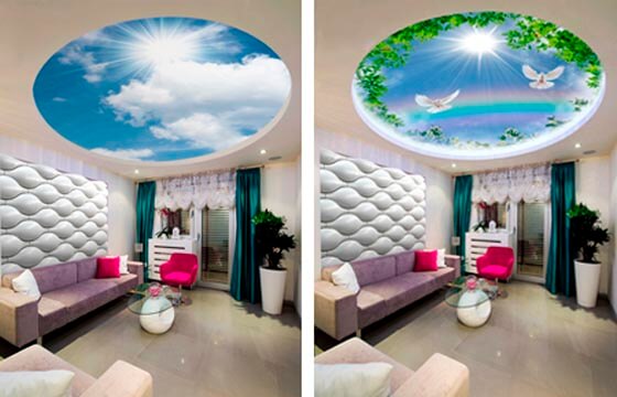 Twin ART Потолок Twin ART Vision, это «изюминка» вашего интерьера. Рисунок на таком потолке проявляется в зависимости от освещения. При дневном свете полотно будет выглядеть с одной фотопечатью или одноцветным, при включенной светодиодной подсветкой, расположенной за полотном, на натяжном потолке проявится иное изображение.