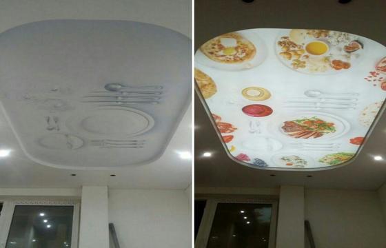 Twin ART Потолок Twin ART Vision, это «изюминка» вашего интерьера. Рисунок на таком потолке проявляется в зависимости от освещения. При дневном свете полотно будет выглядеть с одной фотопечатью или одноцветным, при включенной светодиодной подсветкой, расположенной за полотном, на натяжном потолке проявится иное изображение.